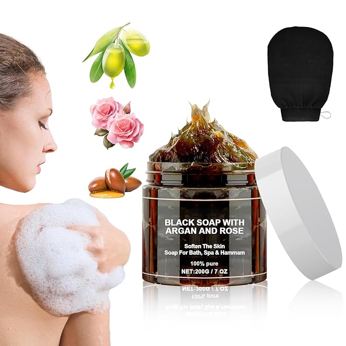 satasiam Morocco Black Soap With Argan And Rose, Morocco Black Beldi Soaps, Blacks Soap Bar Exfoliating Soaps, Moroccan BlackSoap Hammam, Moroccos Body Scrub with Exfoliating Glove (1)