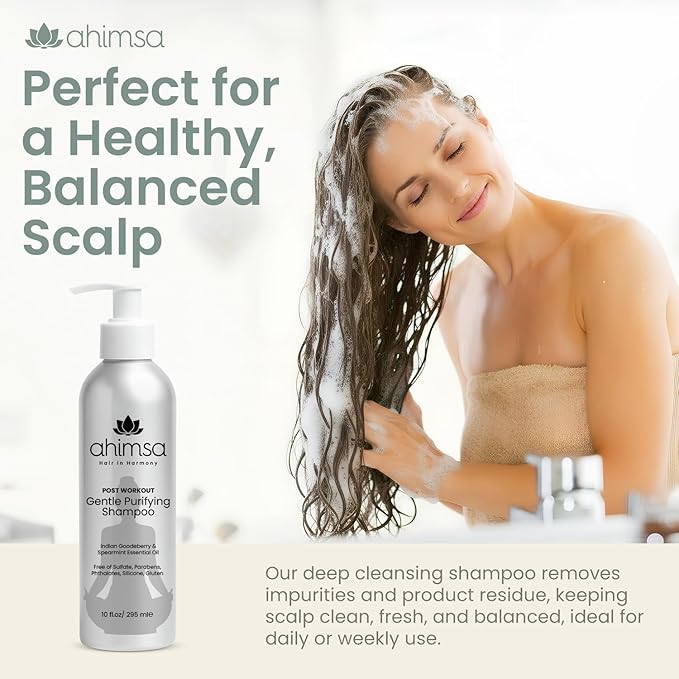 Ahimsa Gentle Purifying Shampoo, Daily Clarifying Shampoo for Dry Hair & All Hair Type with Indian Gooseberry & Willow Bark Extract, Sulfate-Free Scalp Cleanser for Build Up Removal, Spearmint (10 oz)