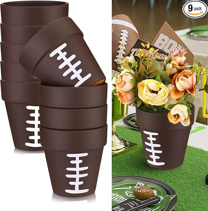 Reallnaive 9 Pcs Football Table Centerpiece Vases 4 Inch Sport Flower Pot | Rugby Lace Design Sports Party Theme, Terracotta Style Planters for Home Decor, Game Day Celebration Table Setup