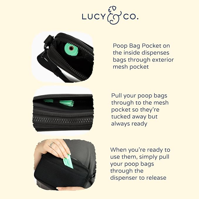 Lucy & Co. Crossbody Treat Pouch, Fanny Pack, Shoulder Bag - Wear 3 Ways, Hidden Poop Bag Dispenser, Zip Treat & Phone Pocket, Dog Accessories (Black)
