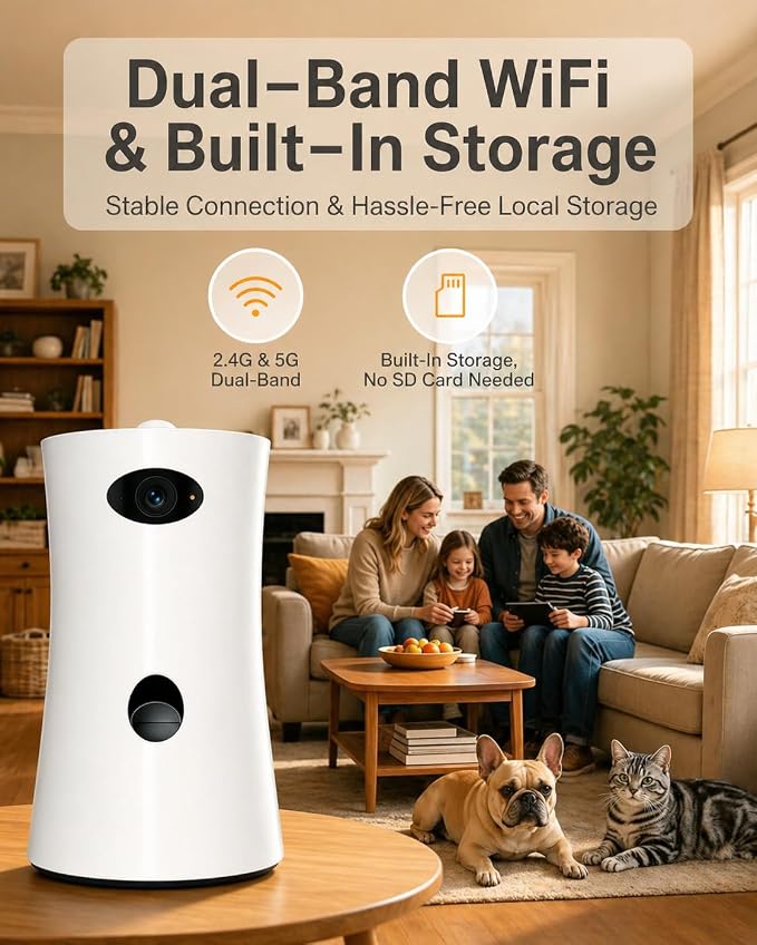 Pet Camera Treat Dispenser, 360° Pet Dog Security Cameras with Phone App, WiFi 5G/2.4G, Two Way Audio, Night Vision, Remote Treat Tossing, Motion Alert for Home Indoor Pet Cat Puppy Monitoring