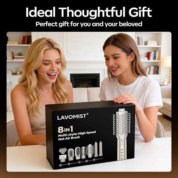 Lavomist 8-in-1 Dual Voltage Hot Air Styler & Hair Dryer Brush for Fast Drying, Frizz-Free Styling, with Straightener & Curler, 110,000 RPM, Includes Travel Bag