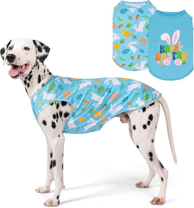 KYEESE 2Pack Easter Dog Shirt, Breathable Tank Top Sleeveless Dog T Shirts for Medium Large Dogs Boy Girl, Lightweight Dogs Clothes Pet Outfit for Holiday, Blue+Bunny, 2XL