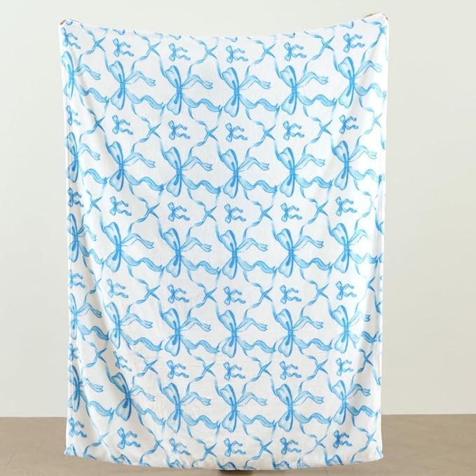 Blue Bow Throw Blanket – 50x60 Inch Soft Fleece Blanket for Girls and Women, Coquette Aesthetic Room Decor for Bed, Couch, Chair, Preppy Bedroom or Gift, Cute Pink Bow Decor Blanket