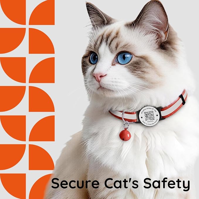 Breakaway Cat Collar QR Code, Reflective Bell, Adjustable Kitten, Red