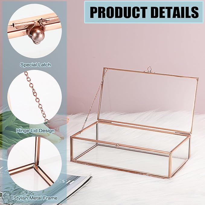 Hipiwe Glass Keepsakes Display Box Jewelry Organizer Box with Lid Decorative Glass Box Clear Rectangle Storage Box for Trinket Perfume Collection Gift for Birthday Anniversaries,Rose Gold Large