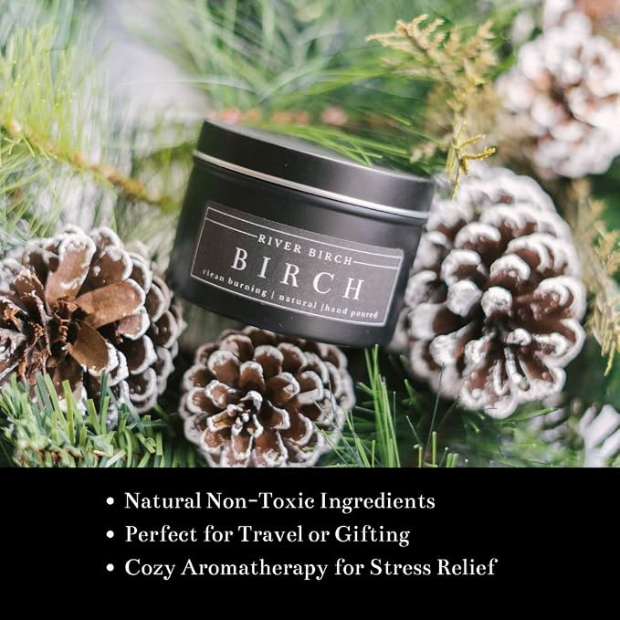 River Birch Candles Birch Scented Candle | Premium, All-Natural, Non-Toxic, Soy Candles | 8 oz. Black Matte Tin Travel Candle | Cozy Relaxing Gifts for Home