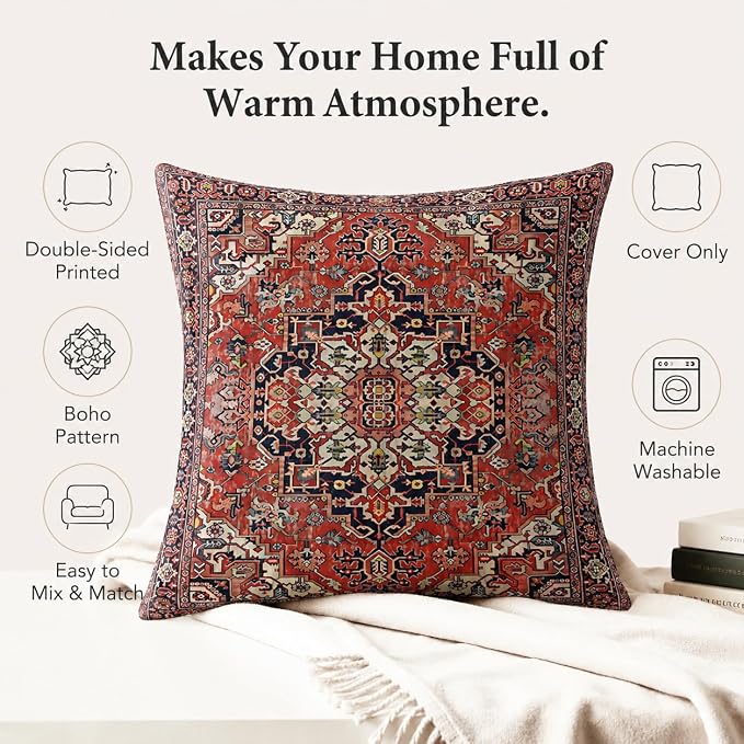 Boho Throw Pillow Covers 18x18 inch Set of 2,Soft Pillowcases Bohemia Carpet Printing Pattern Decorative Sofa Living Room Bed Square Pillow Case Cushion Cover-Red