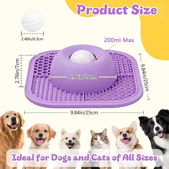 Slow Feeder Dog Bowls & Lick Mat for Liquid and Thick Treat, Anti-Slip Dog Lick Bowl with Interactive Rolling Ball, 5/6 Cup Pup Licking Toy for Large Medium Small Dogs and Cats Purple