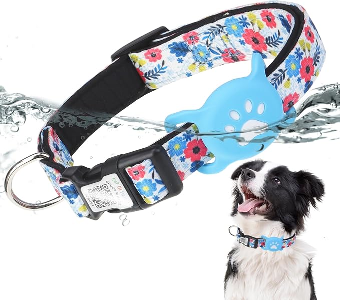 PUPTECK Airtag Dog Collar, Reflective with QR Code Buckle, Waterproof AirTag Holder Outdoor Tracking Pet Collars, Adjustable Soft Padded Durable for Small Medium Large Dogs Walking Training, Blue M