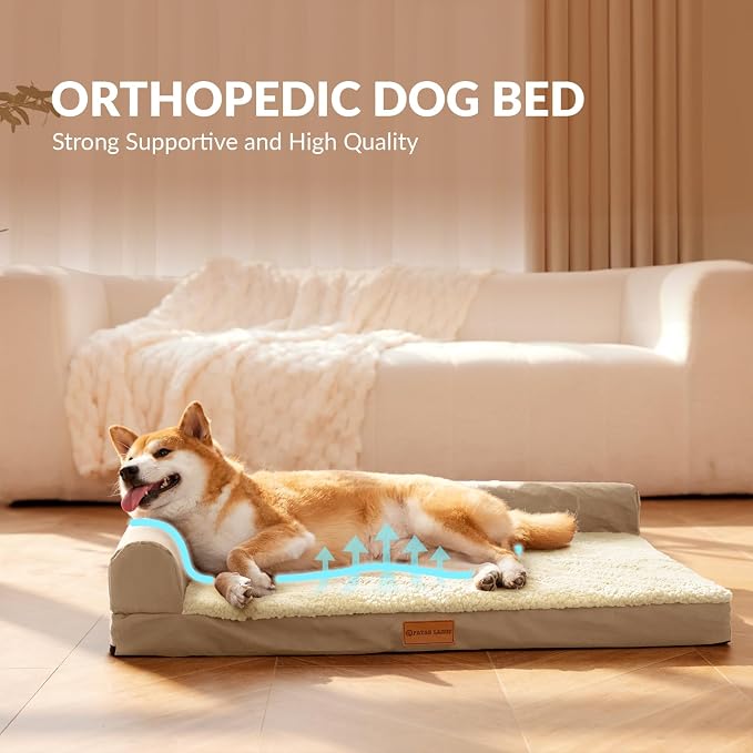 Patas Lague Orthopedic Large Dog Bed Washable Pet Sofa Bed 56''X40''Beige | 2-Sided Bolster Egg-Crate Foam Dog Couch Large Sized Dogs, Waterproof Removable Washable Cover, Nonskid Bottom Pet Crate Mat
