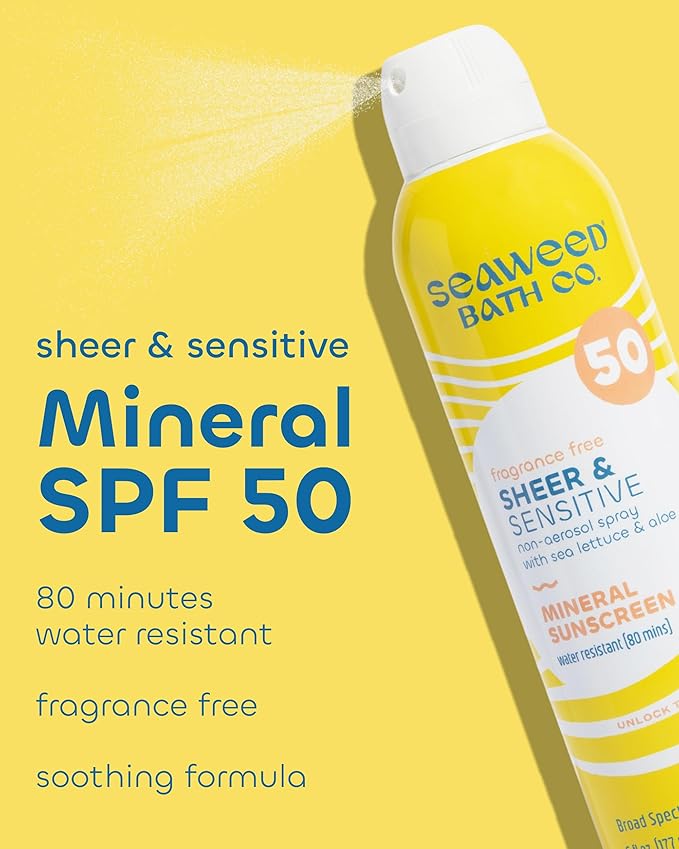 Seaweed Bath Co. Sheer Mineral Sensitive SPF 50 Broad Spectrum Sunscreen Spray - Fragrance Free, Non-Nano, Skin-Friendly Formula - 6 oz (Pack of 2)