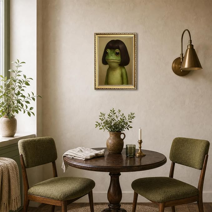 Gold Framed Funny Frog Wall Art, Whimsical Green Frog Wall Decor Painting Cute Animal Poster Canvas Prints Artwork for Living Room Bedroom Bathroom 16x24 inch