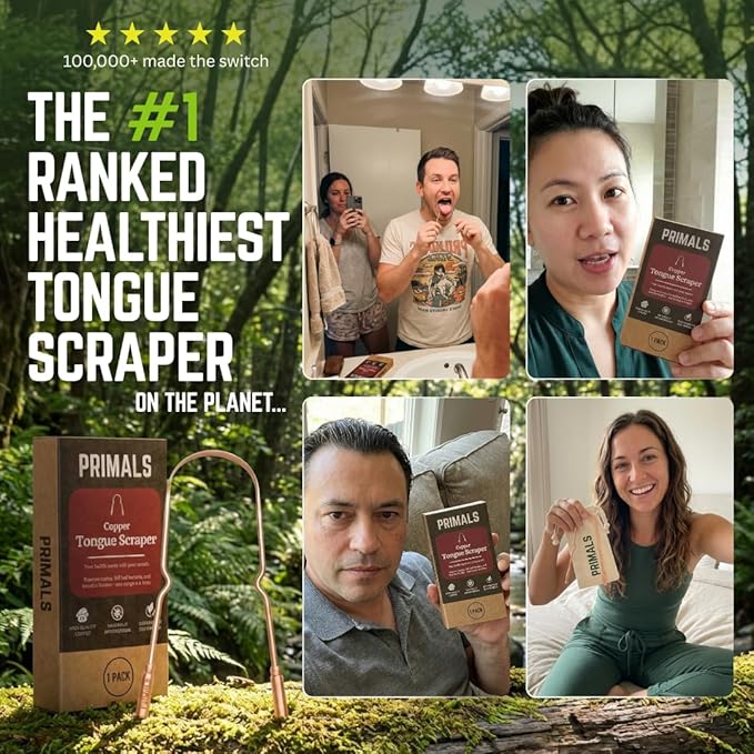 PRIMALS Copper Tongue Scraper - Fresher Breath & Improved Oral Health - Natural Ayurvedic Cleaner for Daily Detox - Rust-Resistant, Eco-Friendly with Travel Cloth Pouch Included (1 Count)