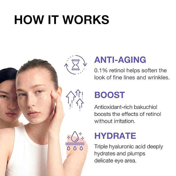 Retinol 0.1% Eye Cream with Bakuchiol 0.5% | Sensitive Skin Retinol for Wrinkles, Fine Lines & Dark Circles | Suitable for Face & Under-Eye Area | Korean Skincare | 30 ml (1.01 fl oz)