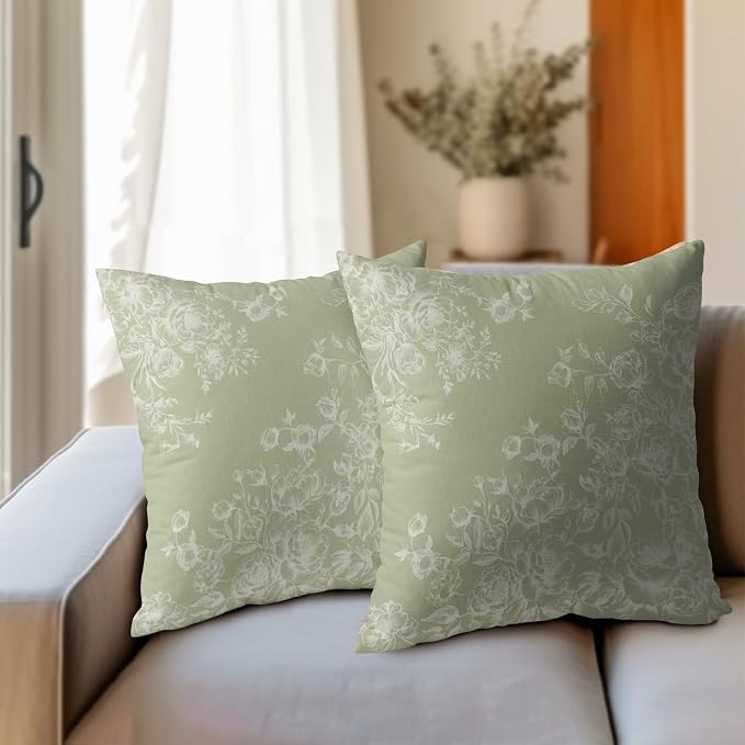Kawani French Country Throw Pillow Covers 22x22 Inch Pack of 2, Vintage White Floral Green Pillowcase Square Cotton Linen Cushion Case for Couch Sofa Bed Office Car Home Outdoor Decor