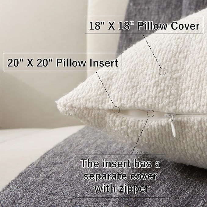 Complete Throw Pillows with Inserts, Set of 2 Decorative Throw Pillow-Boucle-18 x 18"-Square Boho Pillows for Couch, Patio, Bed, Sofa Decor (White, 18" x 18"(Pack of 2))