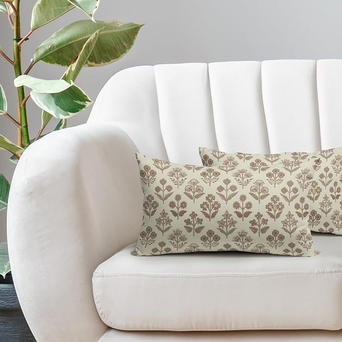 Brown Floral Pillow Covers 12x20 Inch Set of 2, Block Print Lumbar Flower Cream Decorative Throw Pillowcases Outdoor Farmhouse Rectangle Cushion Covers Spring Summer Sofa Couch Bed Decor