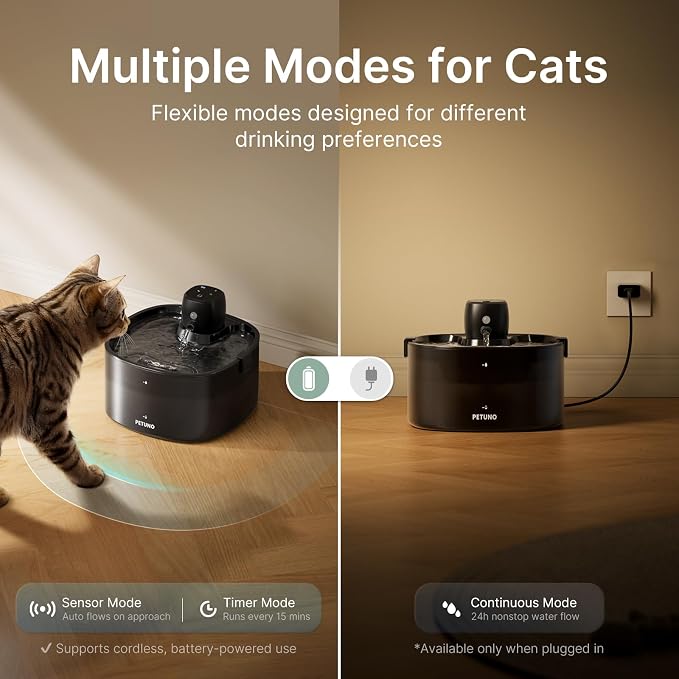 Cordless Cat Water Fountain, Battery Operated, Black 6 Filters, 78oz | Wireless Cat Fountain Rechargeable 4000mAh, Motion Sensor, Ultra-Quiet Pump, Locking Lid, Automatic Pet Fountain