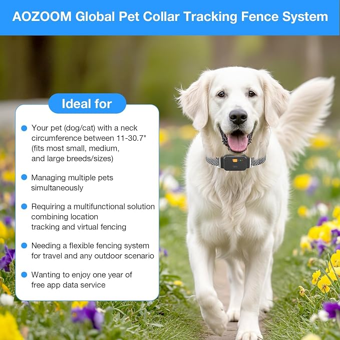 AOZOOM Electric Dog Fence,GPS Wireless Virtual Fence Dog Collar,Black | Smart GPS Dog Collar,GPS Pet Tracker with App-Supported,Adjustable IPX7 Water-Resistant Electric Fence Collar for Outdoor
