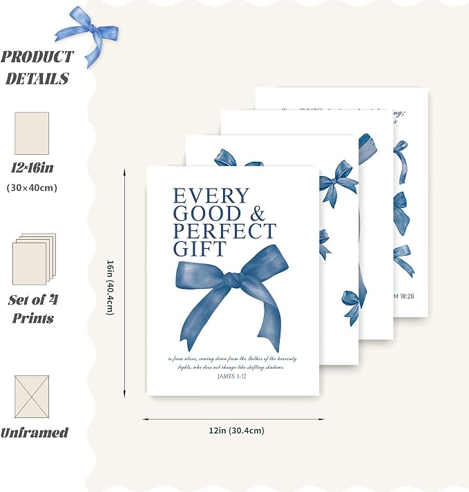 LARTSFRO Coquette Navy Blue Bow Wall Art Decor Posters, Navy Blue Bow Room Bedroom Bathroom Dorm Wall Art Decor Aesthetic for Teen Girls Gifts, Inspirational Bible Verses Bow Wall Decor, 12x16 Inch Set of 4 Pcs Bow Pictures (UNFRAMED)