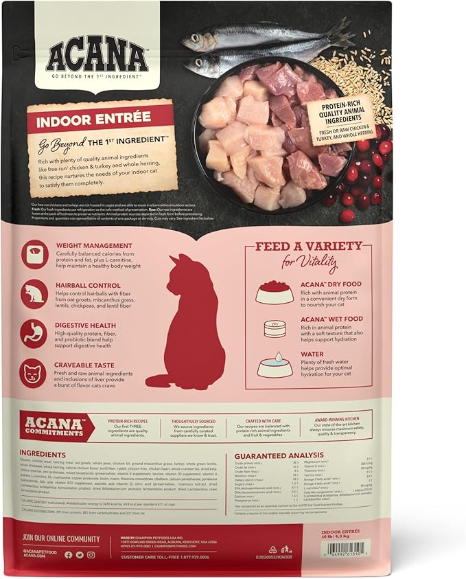 ACANA Dry Cat Food for Indoor Cats Indoor Entrée Chicken Turkey 10lb Bag | Includes Probiotics, Digestive Health, Weight Management, Free-Run Poultry, World's Finest Ingredients