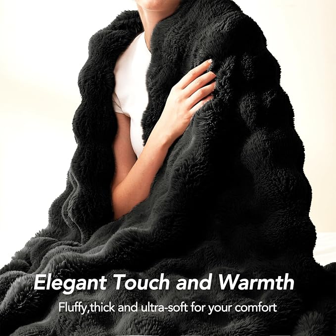 L'AGRATY Faux Rabbit Fur Throw Blanket for Couch, 90'' x 90'', Black | Soft Cozy Bubble Fluffy Blanket for Sofa Bed, Thick Warm Plush Fuzzy Throw for Room Home Decor, Luxury Gift for Women Mom