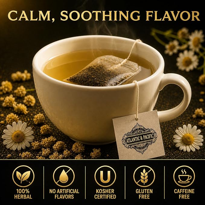 A&P Coffee Hartford’s Chamomile Tea Bags, 48 Count, Caffeine Free Herbal Tea, Soothing Bedtime Tea, Calming Relaxation Blend, Smooth Flavor, Hot or Iced Tea, Premium Herbal Infusion, Fresh Aroma