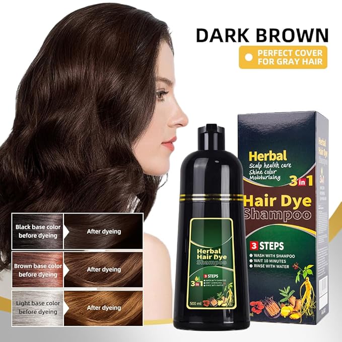 HUDABABY Dark Brown Hair Dye Shampoo 3 in 1 Herbal Natural Dye Cover Gray, for Women/Men Hair Color for Grey Coverage (Dark Brown)