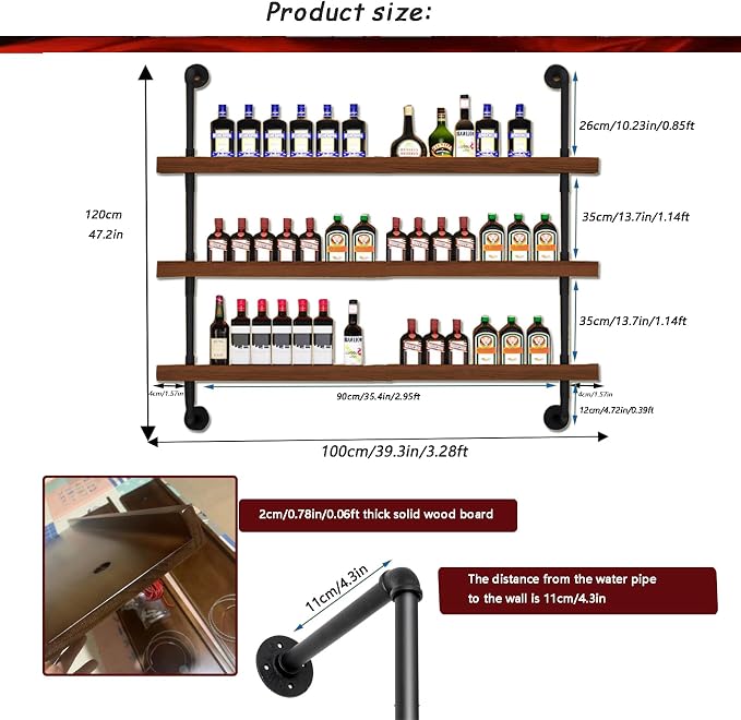39.7in Solid Wood Wine Rack Wall Mounted with LED Light | 3-Tiers Liquor Bottles Floating Shelves Display Storage Organizer for Home Bar & Dining Room