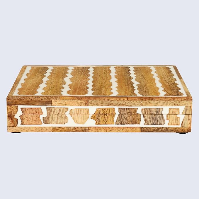 Handicrafts Home White Decorative Storage Box with Lid Wooden Desk Organizer Box Office Storage Box for Workspace Desk Decor Organizer – Resin Inlay Kept Safari Collection - 6x8x1.5