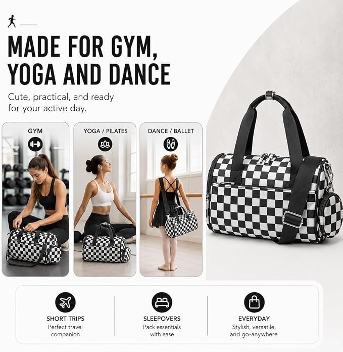 BTOOP Mini Gym Bag for Women, 12-Inch Small Duffle Bag with Wet Pocket and Coin Purse, Lightweight Water-Resistant Workout Bag for Yoga, Pilates, Dance and Travel (Balck-white checkered)