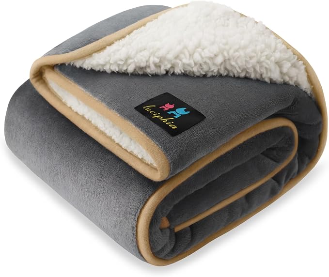 Luciphia Waterproof Blanket for Large Dog, Reversible Sherpa Couch Cover | waterproof pet blanket sherpa fleece reversible couch cover bed protector car from spills scratches, Grey+Beige 57" x 40"