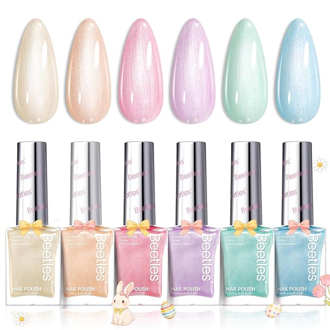 Beetles Nail Polish Set, 6 Colors Pearl Nail Polish Kit Pastel Pearl Shimmer Pink Orange Blue Green Dreamy Swirl Quick Dry Fingernail Polish Gifts for Women Salon DIY Manicure Kit - Easter Nails Art