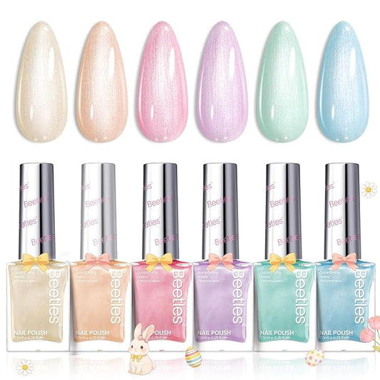 Beetles Nail Polish Set, 6 Colors Pearl Nail Polish Kit Pastel Pearl Shimmer Pink Orange Blue Green Dreamy Swirl Quick Dry Fingernail Polish Gifts for Women Salon DIY Manicure Kit - Easter Nails Art