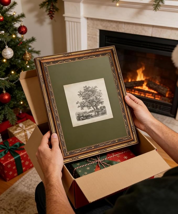 Gold Framed Wall Art Vintage Tree Sketch Wall Art Antique Oak Tree Forest Etching Wall Decor Picture Rustic Farmhouse Botanical Landscape Poster Print Gallery Artwork for Living Room Bedroom 12x16in