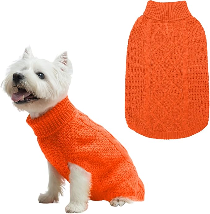 Mihachi Turtleneck Dog Sweater - Winter Coat Apparel Classic Cable Knit Clothes with Leash Hole for Cold Weather, Ideal Gift for Pet in New Year Orange X-Small