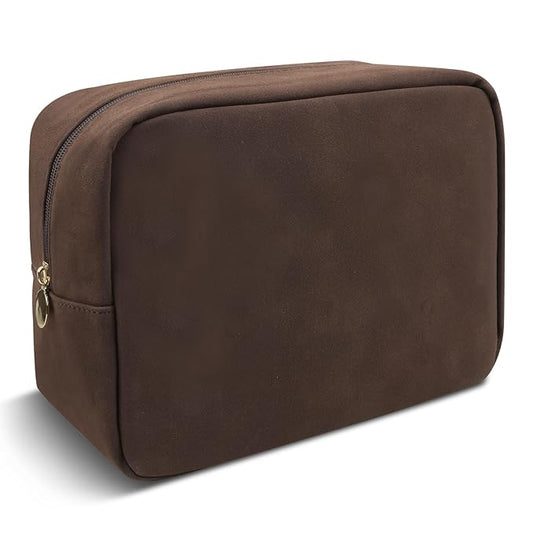 UIXIZQ Waterproof Large Makeup Pouch,Suede Women Travel Toiletry Storage Preppy Cosmetic Bag for Girls,Big Makeup Organizer Bag Cute Zipper Pouch for Sport Work Gift(Large-Coffee)