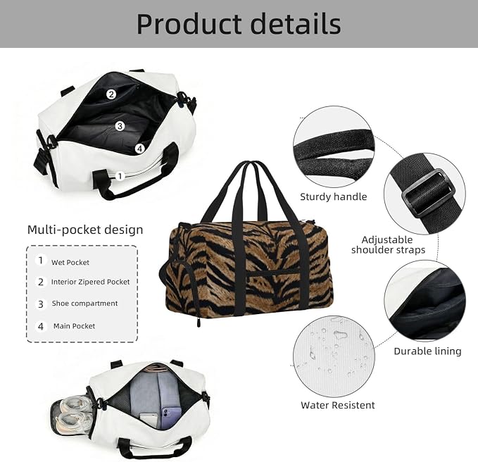Fiokroo Sports Gym Bag Tiger Texture Pattern Travel Duffel Bag For Men Women With Shoe Compartment Water Resistant Gym Bag Carry On Duffel Bag For Weekend Traveling Yoga Gym Sports