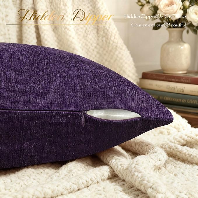 BRAWARM Throw Pillow Covers 20x20 Inches - Purple Chenille Pillow Covers Pack of 2, Solid Dyed Soft Chenille Pillow Cases for Couch Sofa Bed Home Decoration