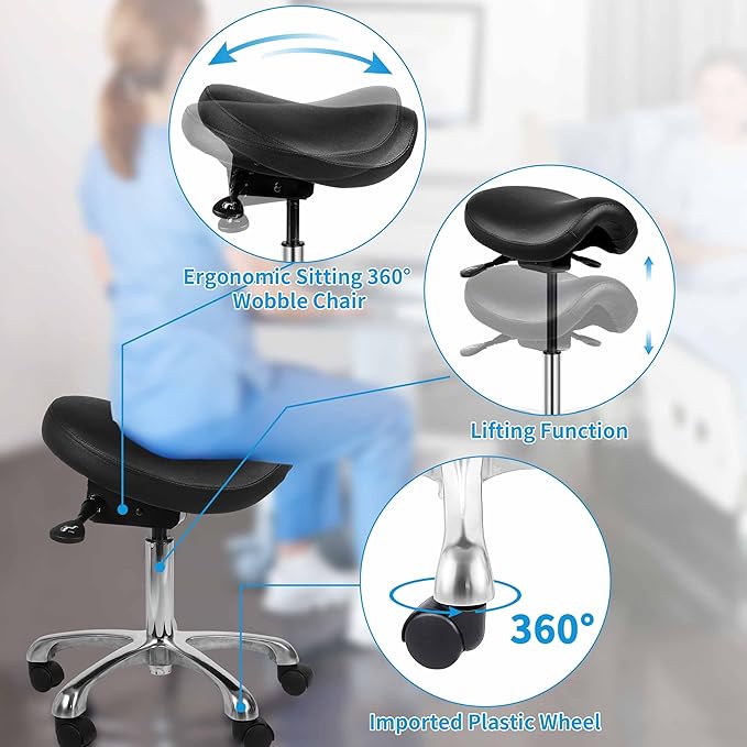 Ergonomic Adjustable Rolling Saddle Stool Chair with Wheels,Hydraulic Heavy-Duty Saddle Stool Rolling Chair for Clinic Dentist Spa Massage Salons Studio