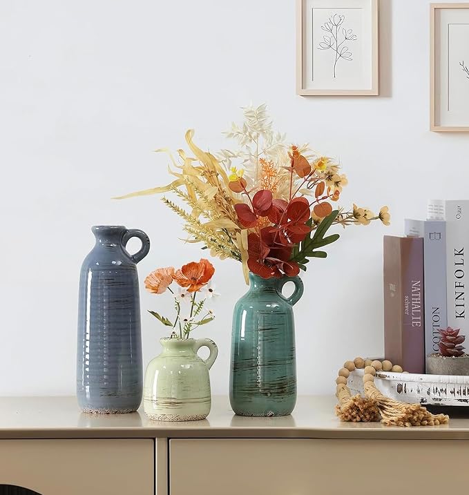 Ceramic Vase Set of 3, Vase Home Decor with Handle, Waterproof Vases | Farmhouse Vases Home for Pampas Grass & Dried Flowers, Flower Vase for Table Living Room Home Decor-Multicolor