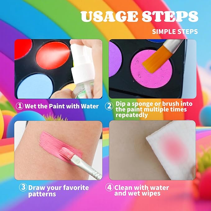 Face Paint Kit for Kids: 20 Colors Water Based Non-Toxic Face Painting Kit, with Brushes, Stencils, Glitter Gems, Ideal for Halloween, Cosplay, Carnival, Birthday Parties Face Body Makeup Kit