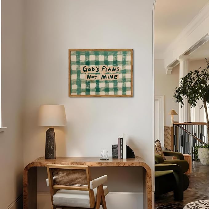 Framed God's Plans Not Mine Canvas Wall Art, Inspirational Faith Quote Pictures Wall Decor, Green Gingham Paintings Prints Christian Home Decor for Living Room Bedroom Dorm Office 16x24 inch