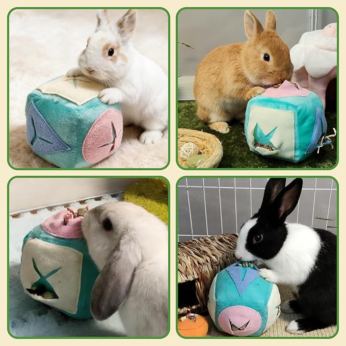 Rabbit Foraging Toy with Bell,Puzzle Feed Game Guinea Pig Fun Enrichment Toys Boredom Relief,Washable Snuffle Interactive Treat Ball Dispenser Exercise Bunny Toys for Indoor Bunnies(Blue)