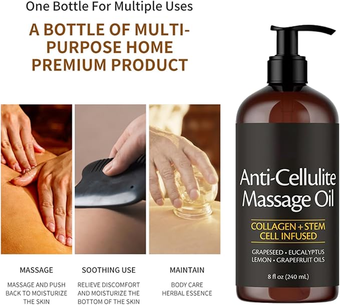 Firming Body Anti-Cellulite Massage Oil with Collagen Helps Smooth the Appearance of Cellulite & Improve Skin Texture – Refreshing Aromatherapy Body Oil for Legs & Full Body 8 fl oz (1pcs)