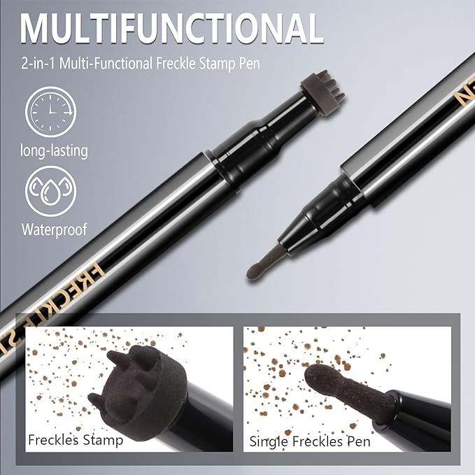 2PCS Light&Dark Brown Freckle Stamp Pen Waterproof, Natural Lifelike Faux Freckles Stamp Stain maker Pen, Long Lasting Quick Dry Liquid Fake Freckle Pencil Magic for Face Sunkissed Makeup