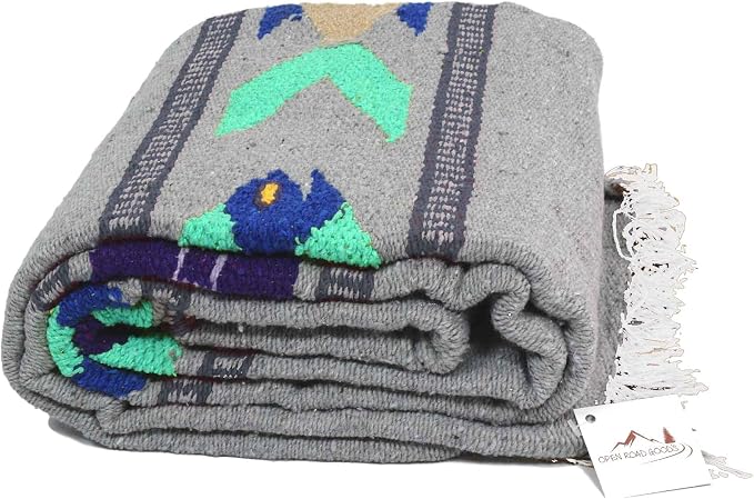 Open Road Goods Thick Mexican Yoga Blanket - Serape Fish Design - Handmade (Grey)