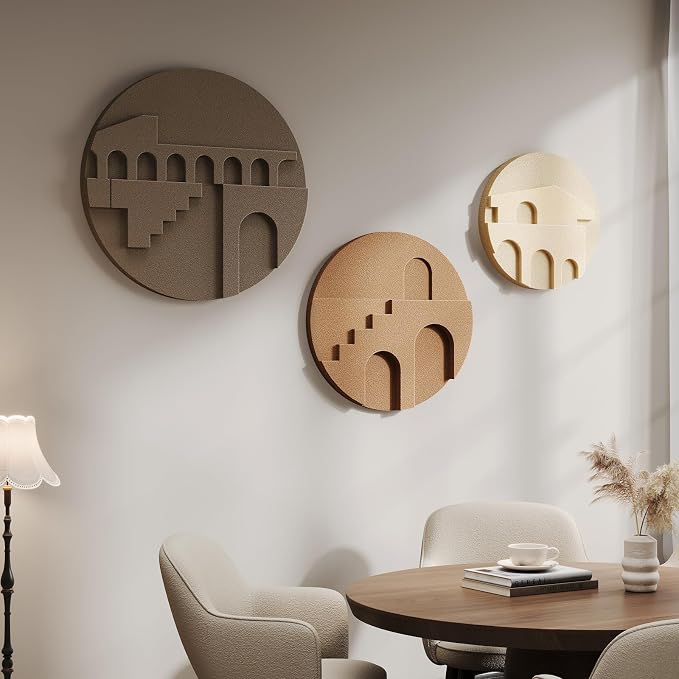 3D Textured Round Neutral Abstract Wall Art Set, 3 Piece Mid-Century Modern Geometric Sculpture Artwork for Walls, Minimalist Boho Earth Tone Paintings for Living Room Dinging Room Bedroom Wall Decor