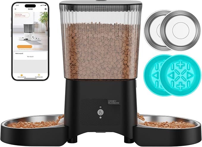 HoneyGuaridan Automatic Cat Feeder for 2 Cats,2.4G/5G WiFi APP Control | Dual Cat Food Dispenser for Multiple Cats,2 Stainless Steel Bowls & 2 Slow Feeder Anti-Choking Bowls, Dual Power